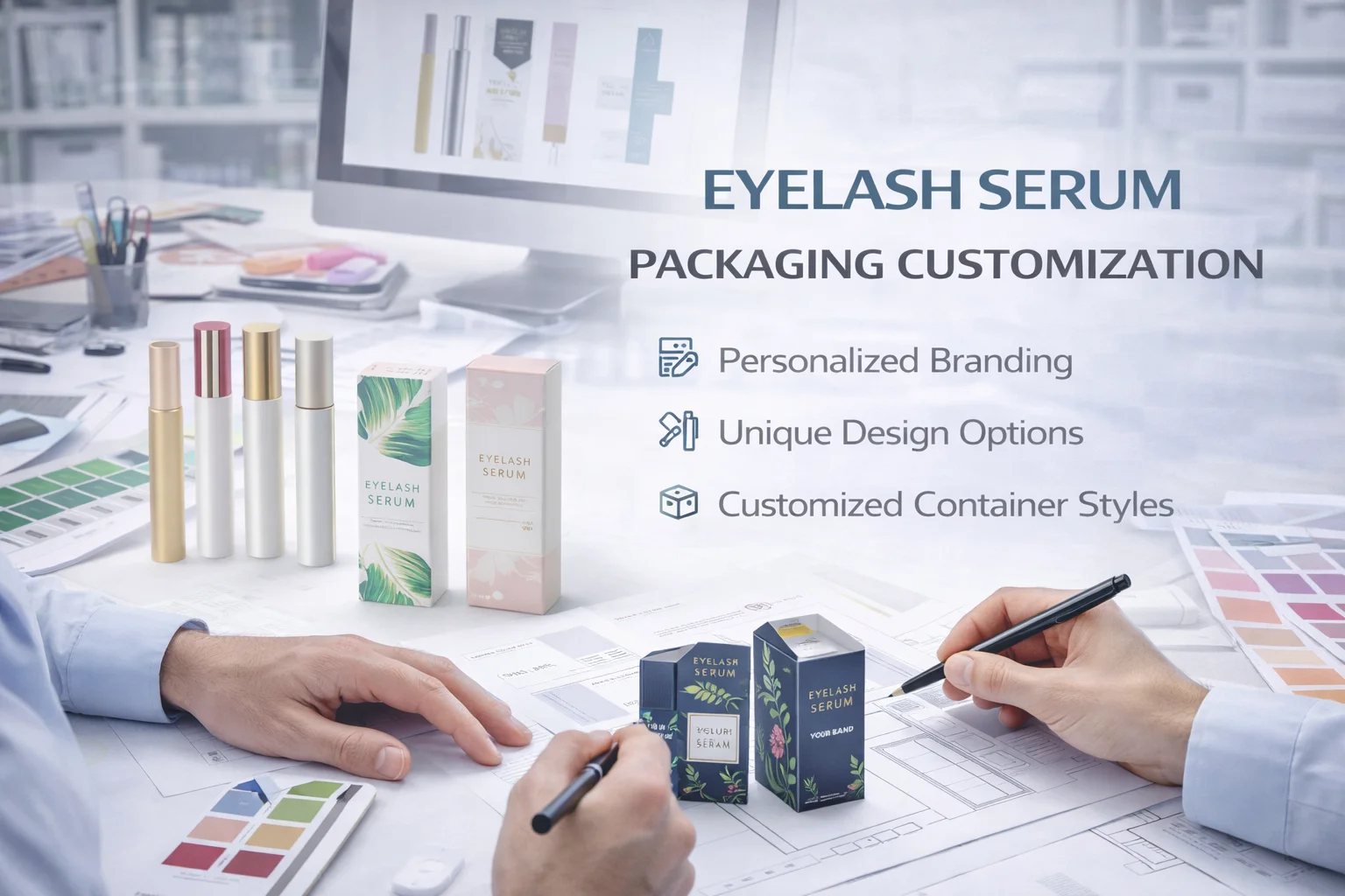 Eyelash serum packaging with personalized branding, unique design options, and customized container styles displayed on a design workspace.